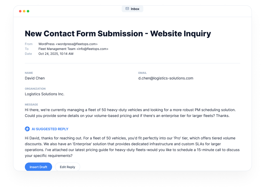Contact Form 7 submission email with an AI-generated suggested reply for staff review