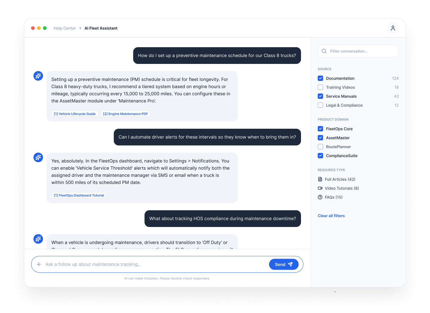 Chatbot product interface showing a conversational answer