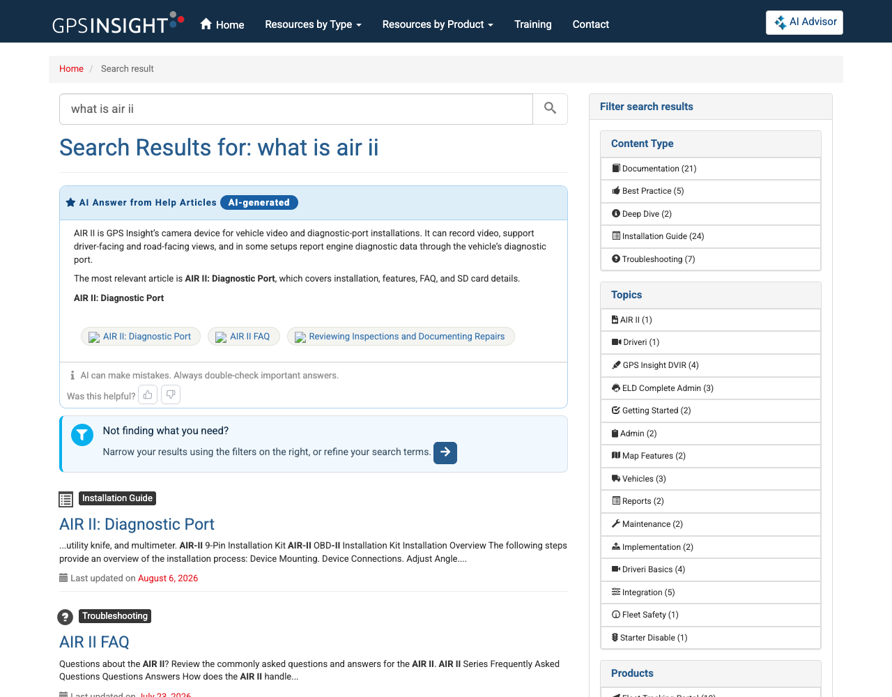 The GPS Insight Help Center answering the query what is AIR II with an AI-generated summary from help articles and cited documentation