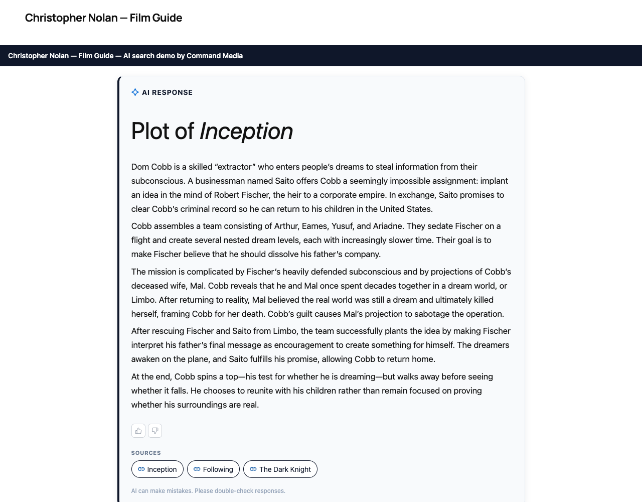 The Christopher Nolan Film Guide website answering the question What is the plot of Inception with a written AI summary and cited film sources