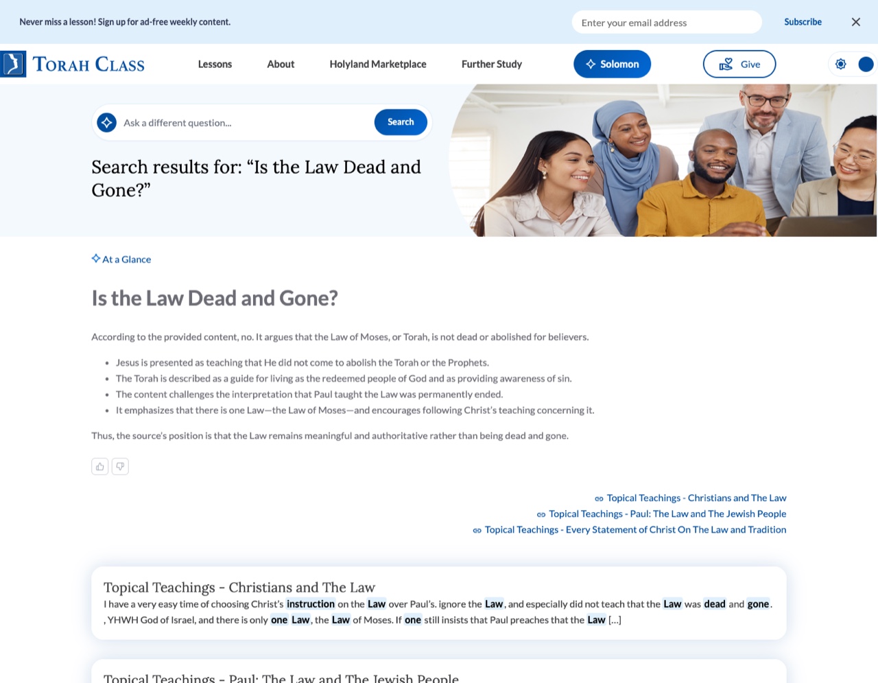 The Torah Class website answering the question Is the Law Dead and Gone with an At a Glance AI summary and links to the source lessons