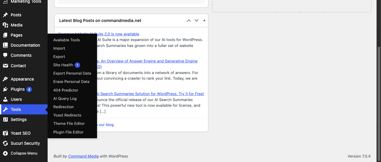 The WordPress admin Tools menu open, with the Export link visible in the flyout submenu.