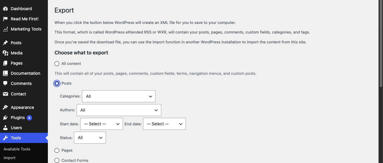 The WordPress Export screen with the Posts option selected, showing the Categories, Authors, Start date, End date and Status filters all set to All.
