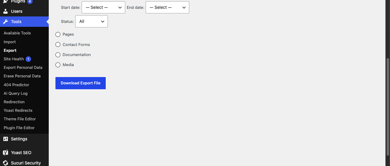The WordPress Export screen scrolled down, showing the Pages, Contact Forms, Documentation and Media options left unselected, and the Download Export File button.